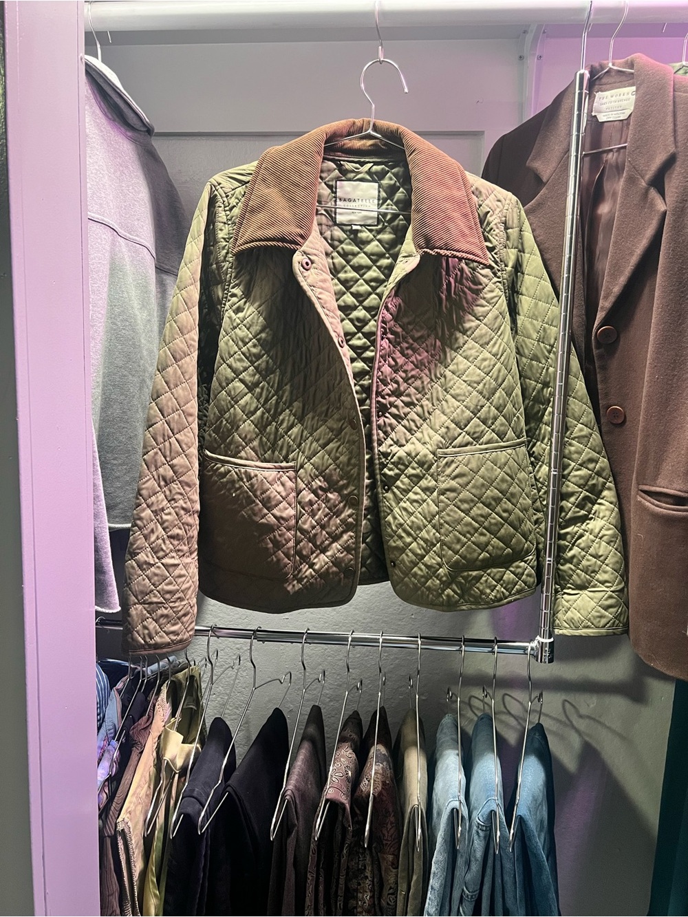 bagatelle Olive Quilted Utility Jacket with Brown Corduroy Collar